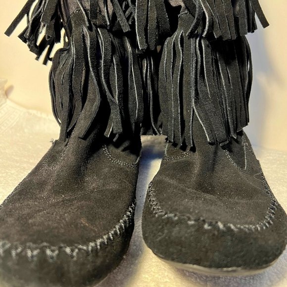 LC Lauren Conrad-Fringe Boots-Women's-3 Layers-Black Suede-Cloth under Fringe - Picture 4 of 14